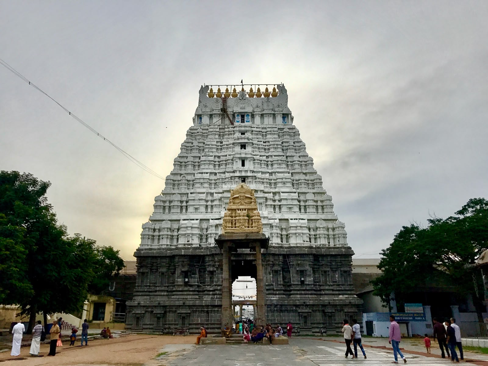 Temple gopuram rising above the sacred places of Kanchipuram